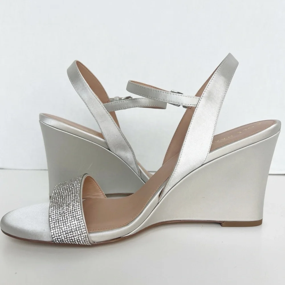•COLE HAAN•‎ Josie Wedge Ankle Strap Sandal Heel Size 9.5B Gray Satin Crystals